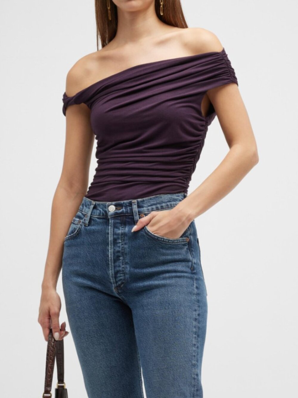 AGOLDE Hilma Off the Shoulder Twist Sleeve Bodysuit Dark Purple Plum Sz L